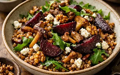 Warm winter salad with buckwheat, roasted beets, and forest mushrooms