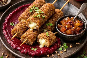 Buckwheat skewers with cheese filling, roasted beet sauce, and apple-plum chutney