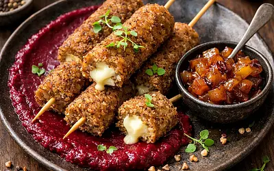 Buckwheat skewers with cheese filling, roasted beet sauce, and apple-plum chutney