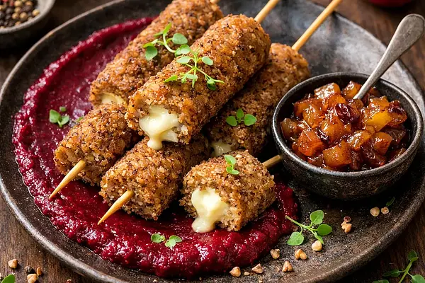 Gryczane szaszłyki z twarogowym farszem, sosem z pieczonych buraków i jabłkowo-śliwkowym chutney