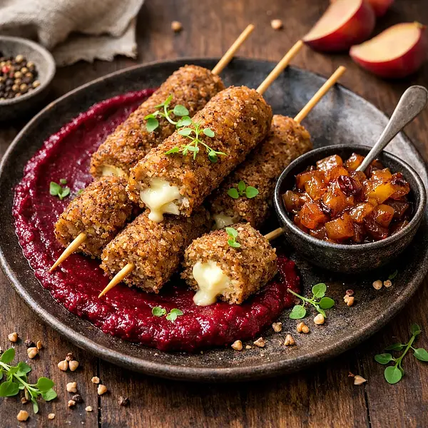 Gryczane szaszłyki z twarogowym farszem, sosem z pieczonych buraków i jabłkowo-śliwkowym chutney