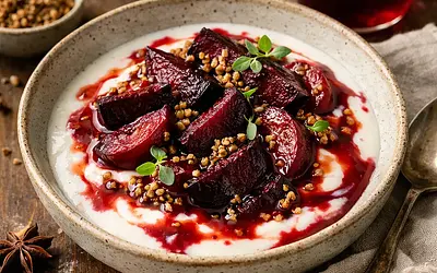 Winter Buttermilk and Beetroot Warmer with Toasted Buckwheat and Plum-Ginger Syrup