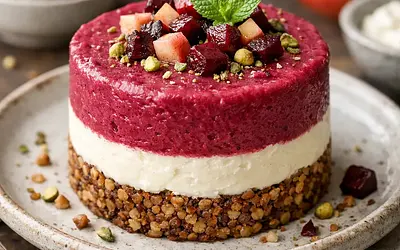Layered fit dessert: buckwheat base with cottage cheese cream, roasted beet and apple mousse, and plum jam