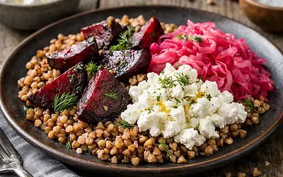 Winter Fusion Salad: roasted buckwheat with beetroot, sauerkraut, and cottage cheese