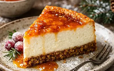 Winter cottage cheese and buttermilk cheesecake on a crumbly base made from roasted buckwheat with a sauce of roasted beets and apples