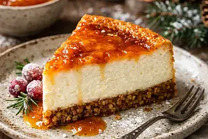 Winter cottage cheese and buttermilk cheesecake on a crumbly base made from roasted buckwheat with a sauce of roasted beets and apples