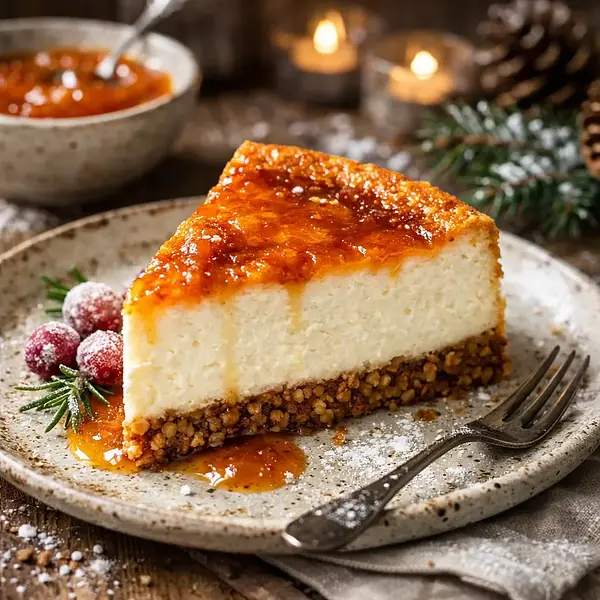 Zimowy sernik twarogowo-maślankowy na kruchym spodzie z palonej kaszy gryczanej z sosem pieczonych buraków i jabłek