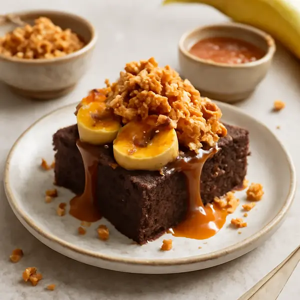 Banana-chocolate brownie with salted caramel and crunchy crumble