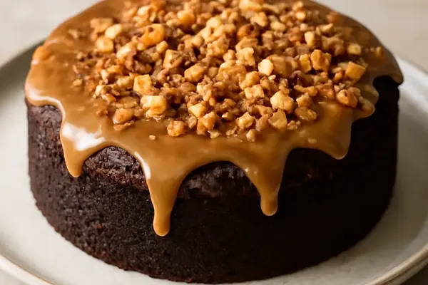 Wilgotne ciasto czekoladowe z polewą kawowo-maślano-słoną i migdałową kruszonką