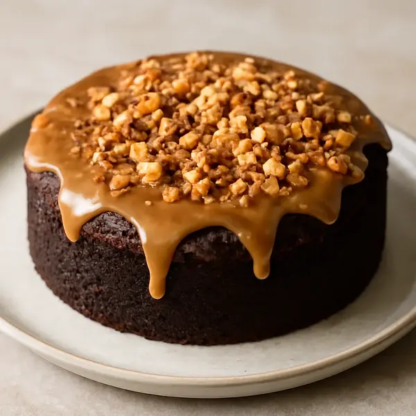 Moist chocolate cake with coffee-butter-salt glaze and almond crumble