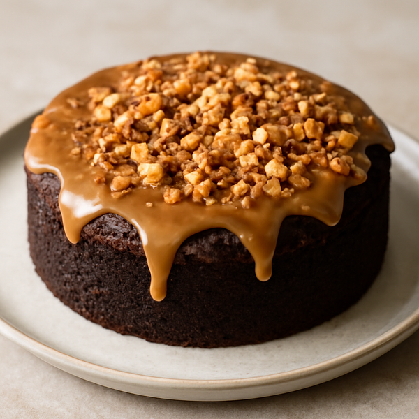 Moist chocolate cake with coffee-butter-salt glaze and almond crumble
