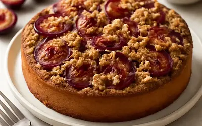 Buttery cake with caramelized plums and vanilla-cinnamon crumble