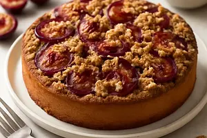Buttery cake with caramelized plums and vanilla-cinnamon crumble