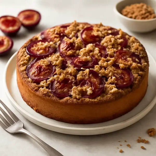 Buttery cake with caramelized plums and vanilla-cinnamon crumble