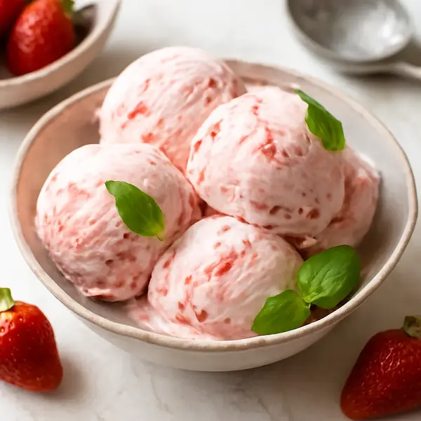 Creamy strawberry-mascarpone ice cream with a hint of basil