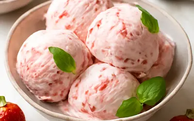 Creamy strawberry-mascarpone ice cream with a hint of basil