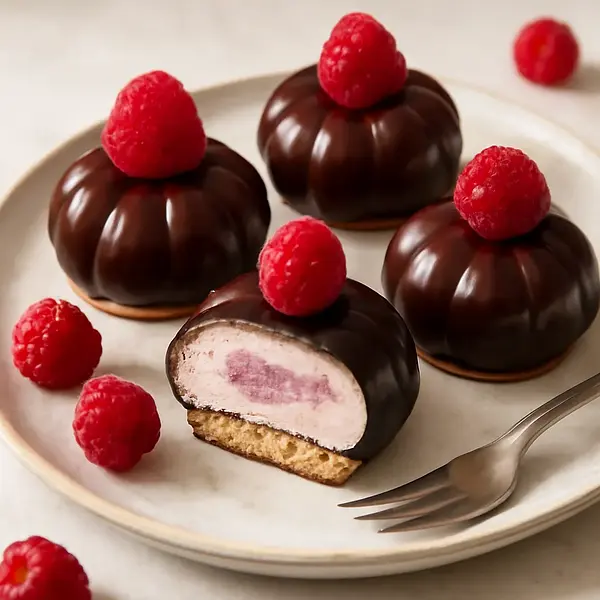Cloud Delights — vanilla-raspberry cream puffs in a chocolate shell (vegan version)