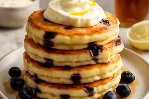 Fluffy blueberry-lemon pancakes with mascarpone cream and vanilla syrup