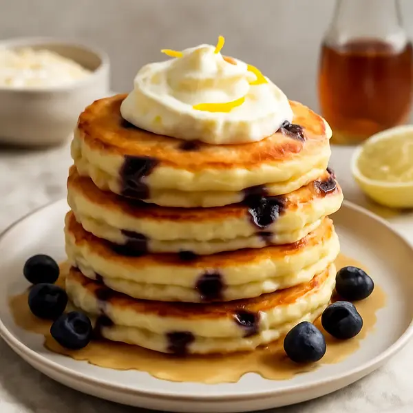 Fluffy blueberry-lemon pancakes with mascarpone cream and vanilla syrup
