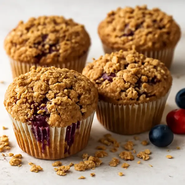 Muffins with a mix of forest fruits and crunchy oat crumble