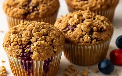 Muffinki z mieszanką leśnych owoców i chrupiącą kruszonką owsianą