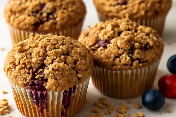 Muffinki z mieszanką leśnych owoców i chrupiącą kruszonką owsianą