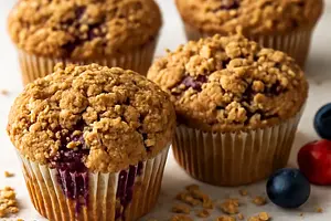 Muffinki z mieszanką leśnych owoców i chrupiącą kruszonką owsianą