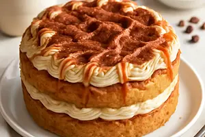 Cappuccino Cake in the Sweet Blog Style — fluffy sponge cake with coffee-mascarpone cream and cappuccino caramel