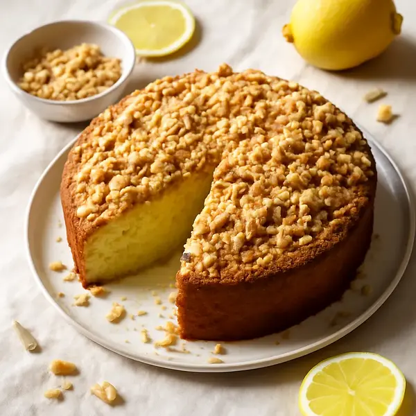 Fluffy lemon-yogurt cake with almond crumble