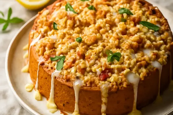 Cytrynowo‑rabarbarowe ciasto ze złocistą kruszonką i lukrem werbenowym