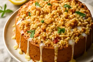 Lemon-Rhubarb Cake with Golden Crumble and Verbena Glaze