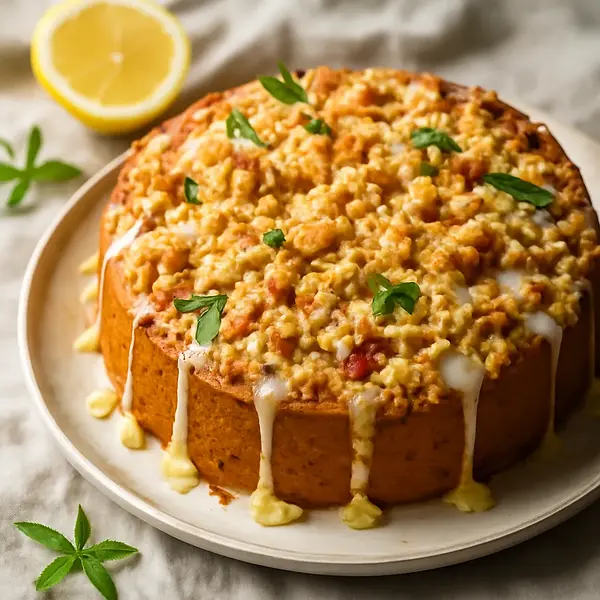 Lemon-Rhubarb Cake with Golden Crumble and Verbena Glaze