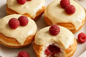 Doughnuts with Raspberry Filling and Lemon-Mascarpone Glaze (Sweet Blog)