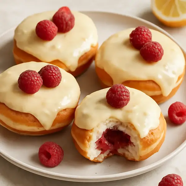 Doughnuts with Raspberry Filling and Lemon-Mascarpone Glaze (Sweet Blog)