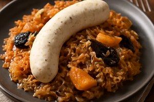 White sausage with stewed sauerkraut (Greater Poland-Silesian version with apple and plum)