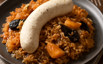 White sausage with stewed sauerkraut (Greater Poland-Silesian version with apple and plum)