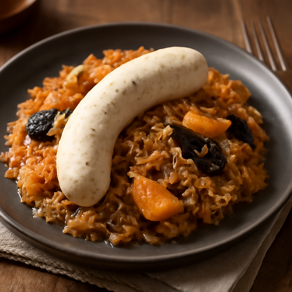 Biała kiełbasa z duszoną kapustą kiszoną (wielkopolsko-śląska wersja z jabłkiem i śliwką)