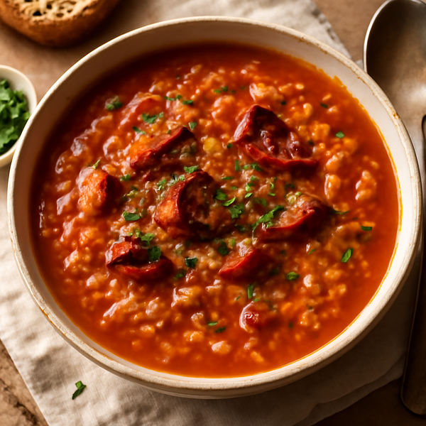 Zupa pomidorowa z ryżem (tradycyjna, lekko pieczony twist)