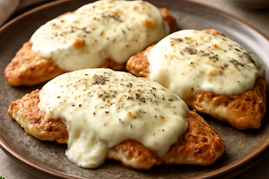 Chicken fillets under a cloud of mozzarella