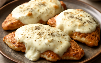 Chicken fillets under a cloud of mozzarella