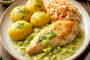 Chicken fillet in leek sauce with potatoes and cabbage salad