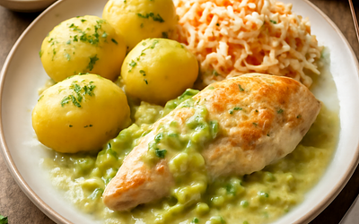 Chicken fillet in leek sauce with potatoes and cabbage salad