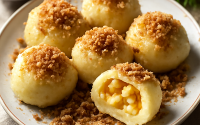 Knedle ziemniaczane z twarogowo‑jabłkowym farszem, bułką tartą i cynamonowym cukrem