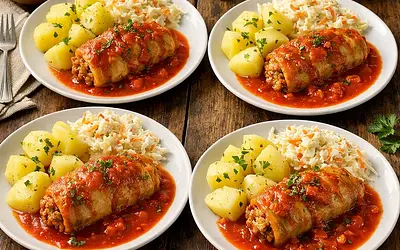 Unstuffed Cabbage Rolls in Tomato Sauce with Potatoes and Salad (4 servings)