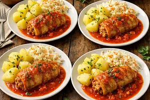 Unstuffed Cabbage Rolls in Tomato Sauce with Potatoes and Salad (4 servings)