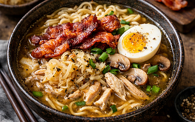 Zimowy ramen z polskim twistem: bulion drobiowo-wieprzowy, kapusta kiszona i chrupiący boczek