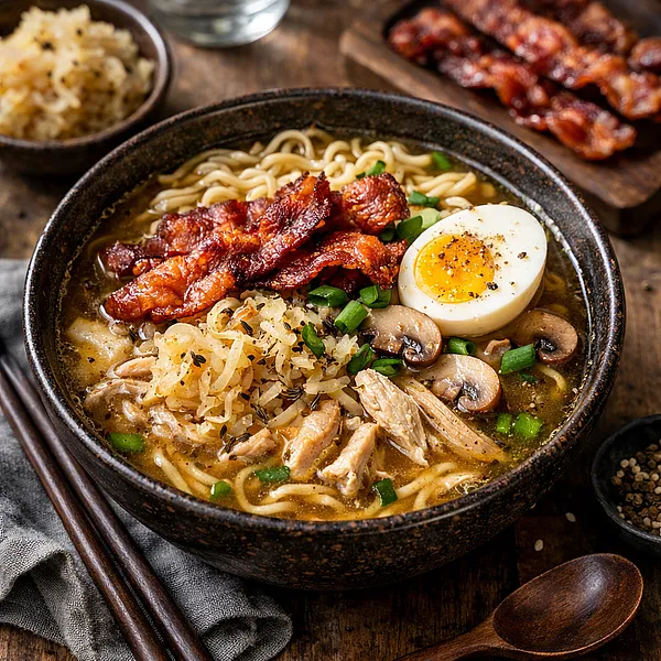 Zimowy ramen z polskim twistem: bulion drobiowo-wieprzowy, kapusta kiszona i chrupiący boczek