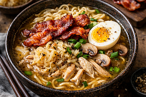 Winter ramen with a Polish twist: chicken-pork broth, sauerkraut, and crispy bacon