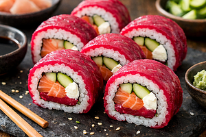 Polish fusion sushi: maki with beetroot gravlax salmon, cottage cheese, and pickled cucumber