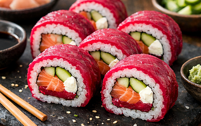 Polish fusion sushi: maki with beetroot gravlax salmon, cottage cheese, and pickled cucumber